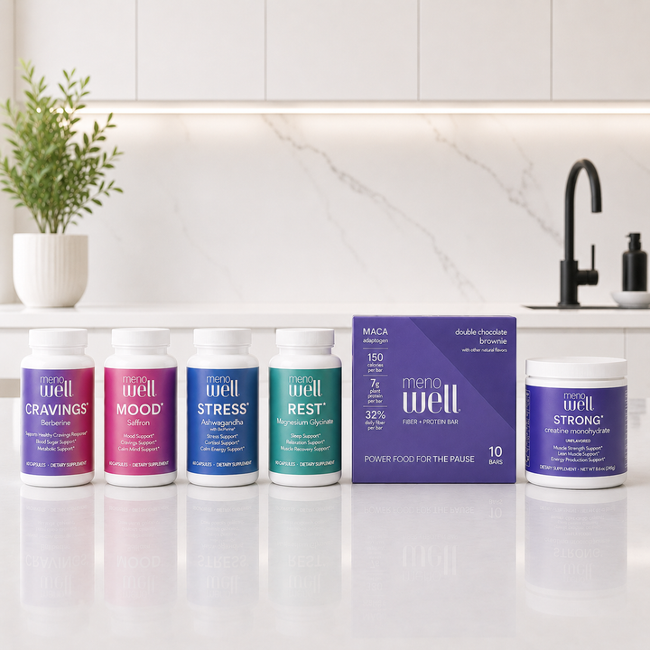 MenoWell Metabolic Support System: complete menopause bundle with fiber bars and daily supplements