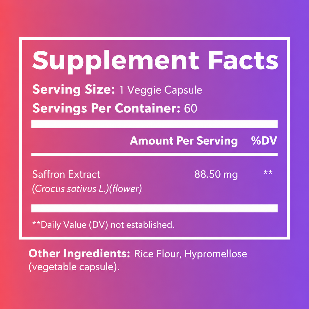 MenoWell MOOD* supplement facts: 88.5mg saffron extract per veggie capsule, 60 servings