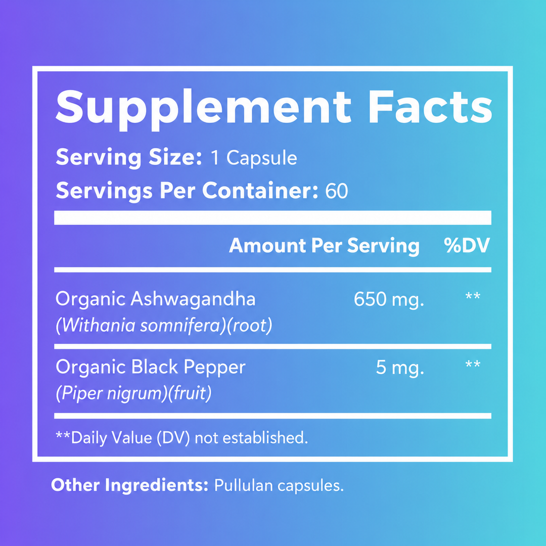 MenoWell STRESS* supplement facts: organic ashwagandha dosage for menopause cortisol support