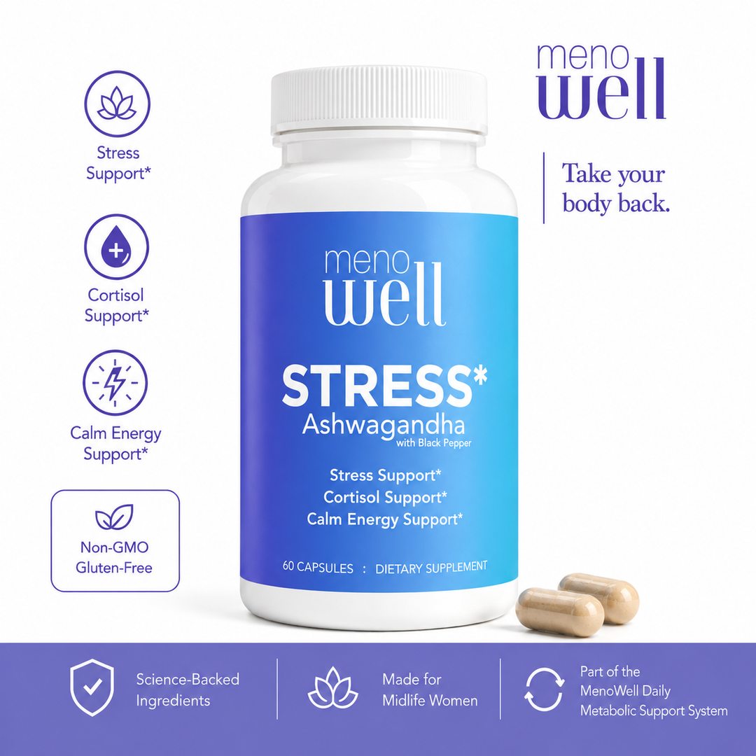 MenoWell STRESS* ashwagandha supplement for menopause cortisol and stress response support