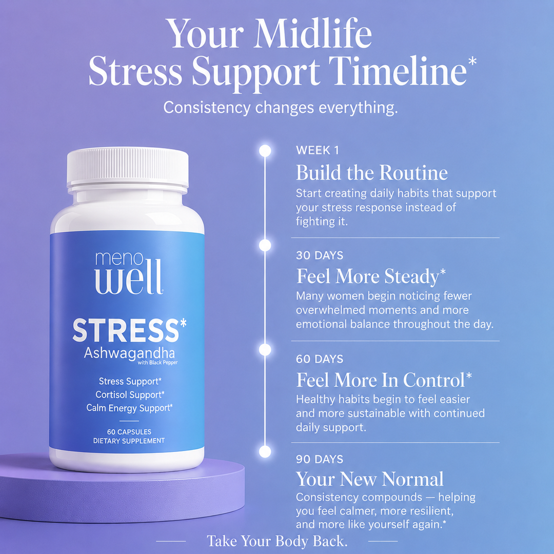 MenoWell STRESS* supplement: organic ashwagandha with black pepper for menopause calm energy
