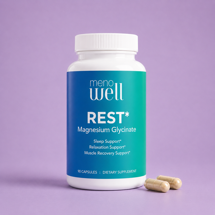 MenoWell REST* magnesium glycinate supplement for menopause sleep support, relaxation, and muscle recovery