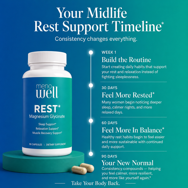 MenoWell REST* midlife rest support timeline: 90-day consistency guide for menopause sleep