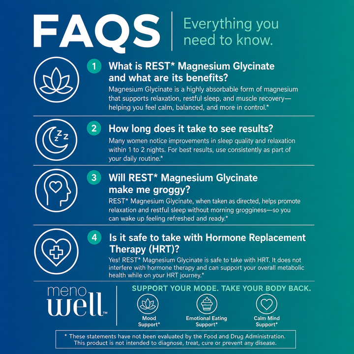 MenoWell REST* supplement: magnesium glycinate for deeper sleep and muscle recovery during menopause