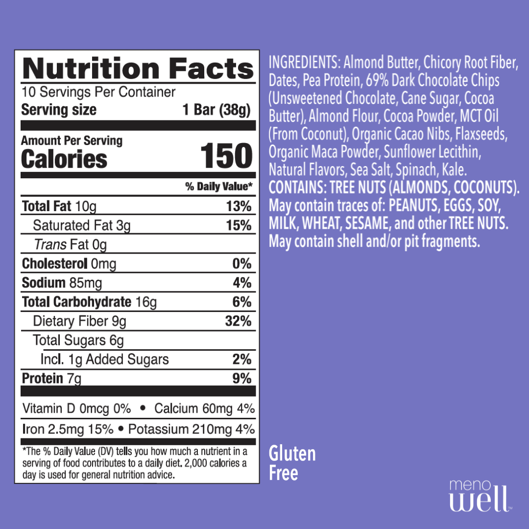 MenoWell Double Chocolate Brownie bar nutrition facts: 7g plant protein, 32% fiber DV
