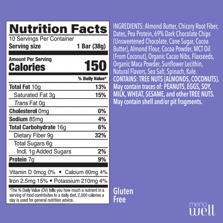 MenoWell Double Chocolate Brownie bar nutrition facts: 7g plant protein, 32% fiber DV