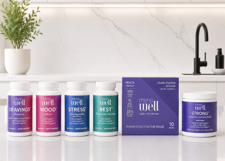 MenoWell Metabolic Support System: complete menopause bundle with fiber bars and daily supplements
