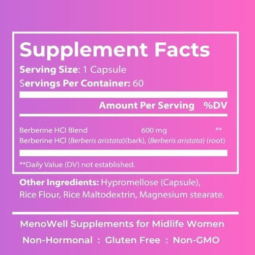 MenoWell CRAVINGS* berberine supplement label: 60 capsules, dietary supplement